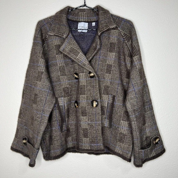 Cyrus Knits Brown & Blue Glen Plaid Collared Peacoat Sweater Jacket Sz S - Picture 2 of 11